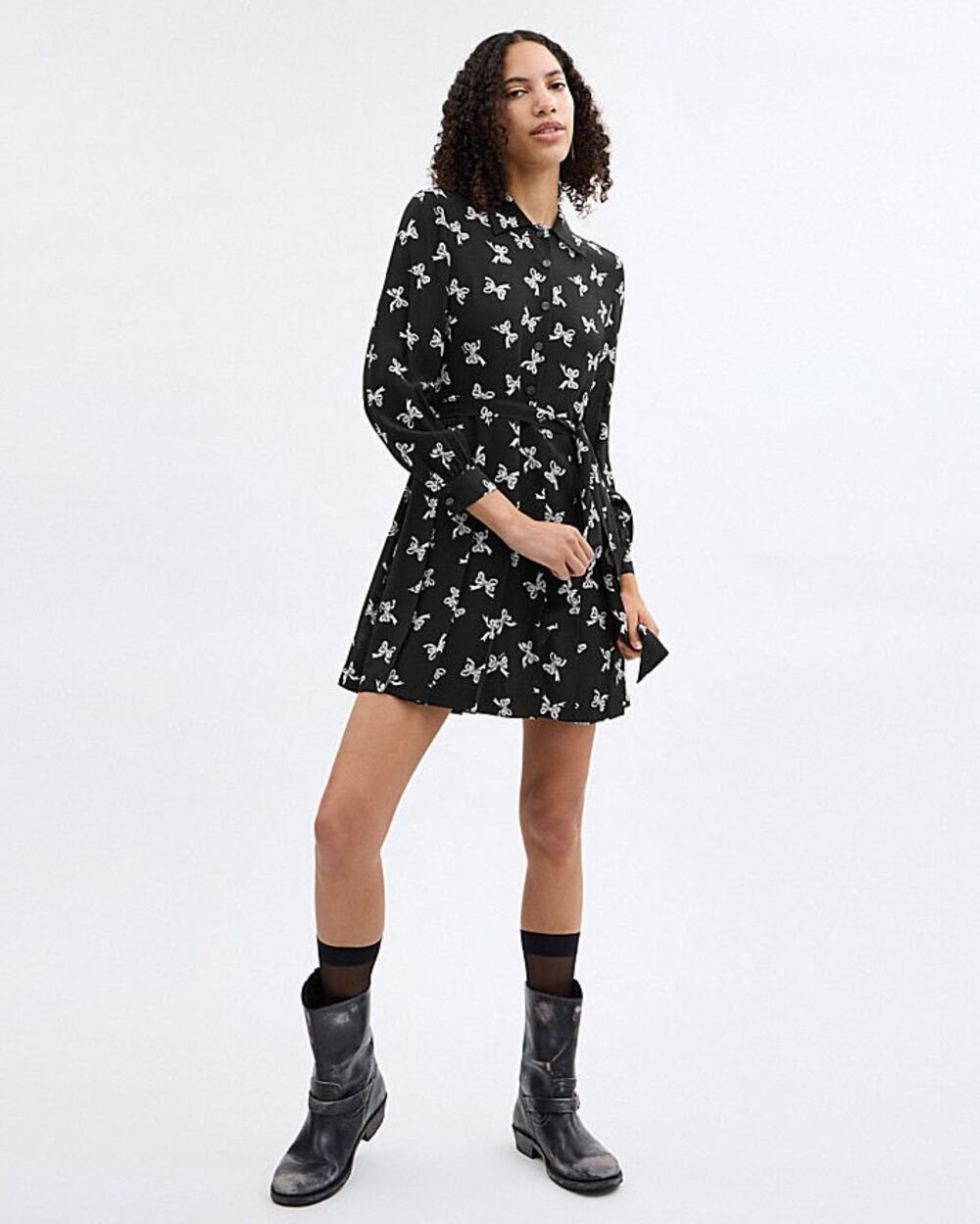 Coach BOW PRINT SILK Pleated DRESS Size 00 Novelty Print Dark Academia Designer